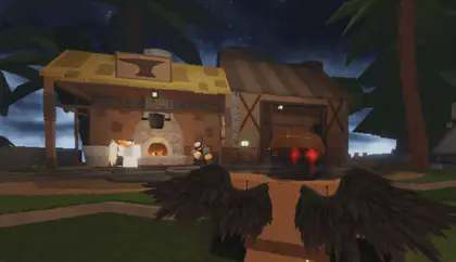The Forge crafting station location in Stonewake's Cross between the Potion Seller and Runemaker in Roblox