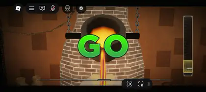 The Forge pouring mini-game showing molten metal being poured into weapon mold in Roblox